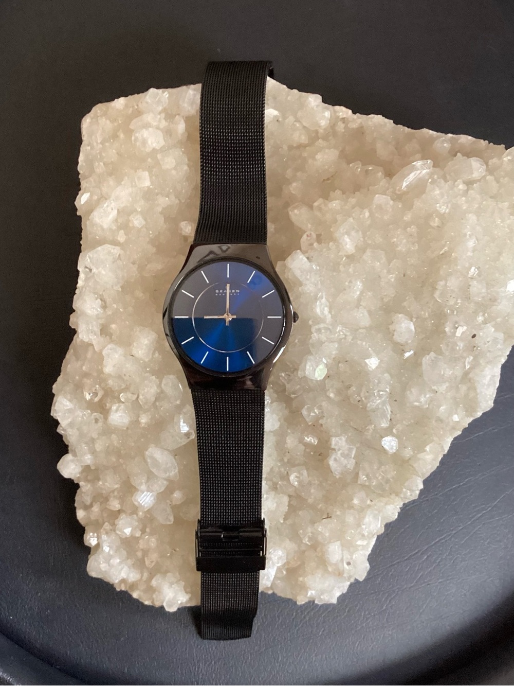 Skagen Men's Black Metal Mesh Watch with Blue Dial